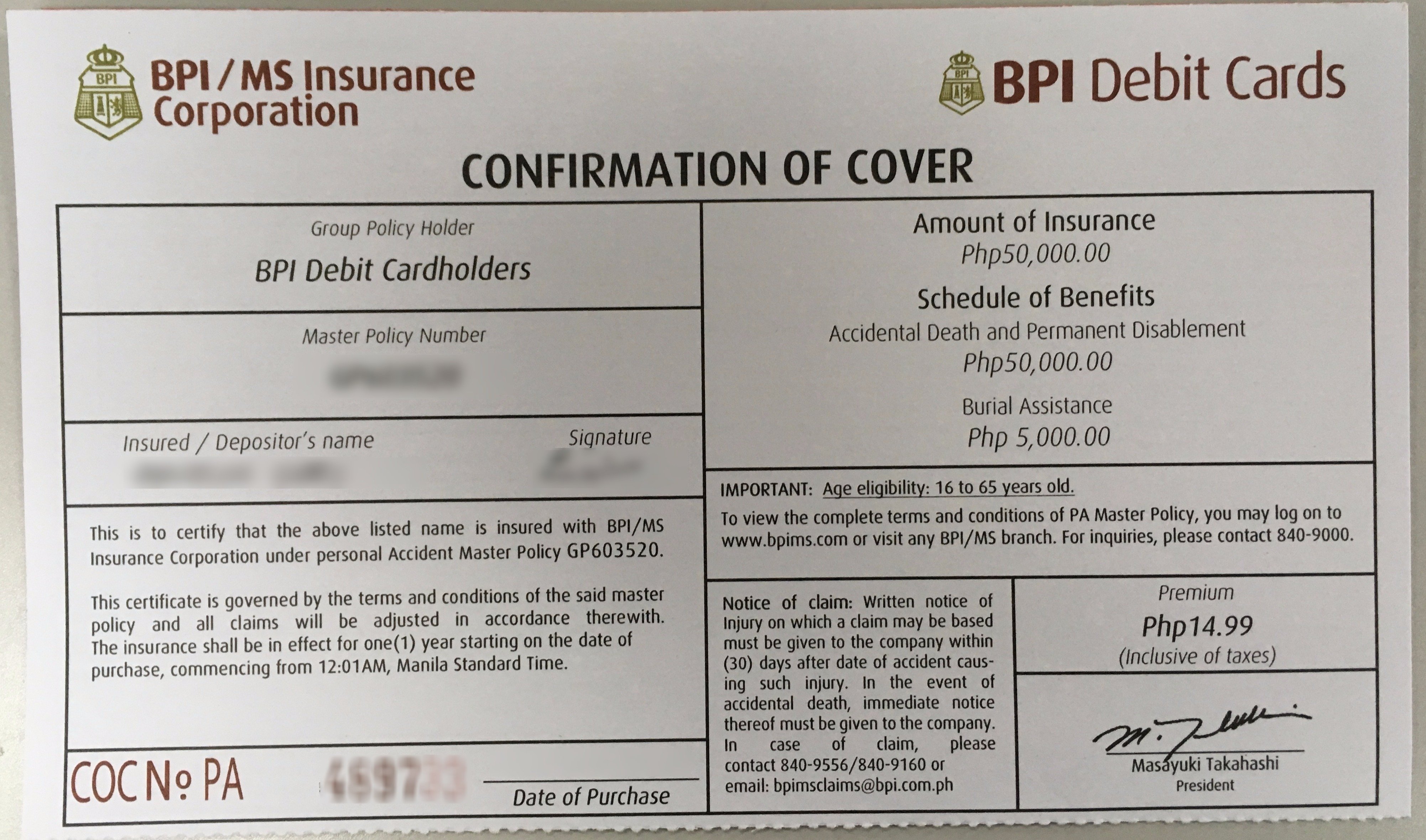 p14.99 bpi/ms personal accident insurance - 365 day coverage